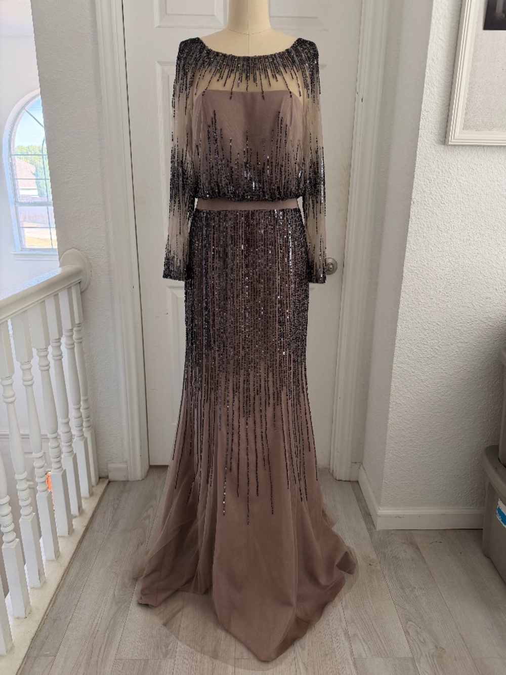 Jadore Evening Beige & Navy Long Sleeve Beaded Gown